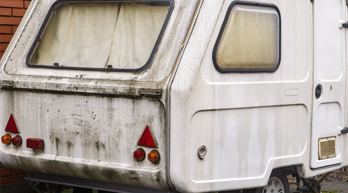 Mould and mildew streaks on the back of an old caravan