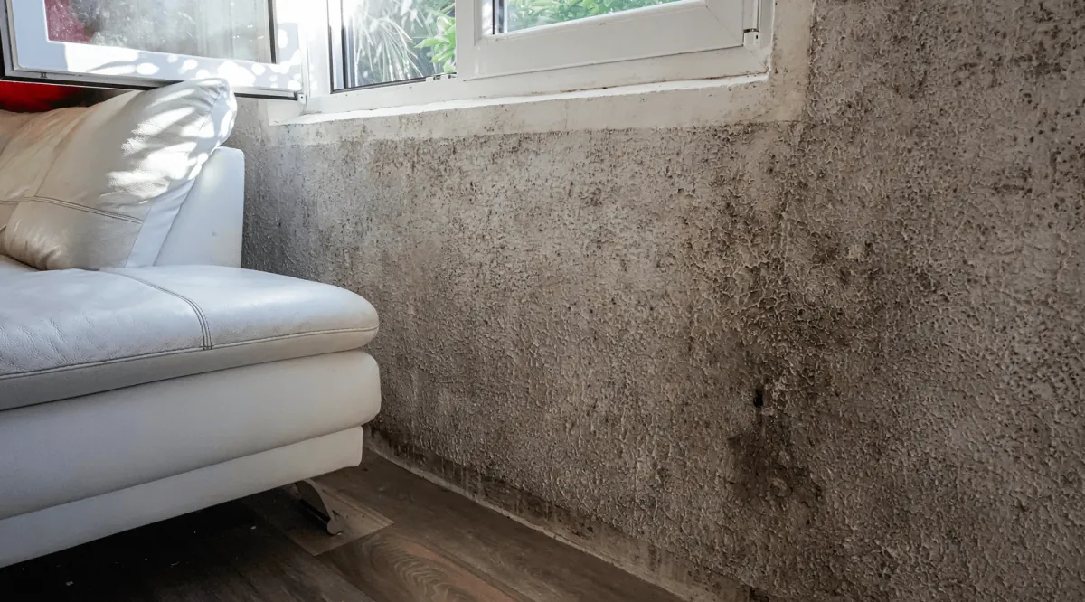 Black mould spreading up a living room wall behind a sofa